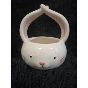 Blossoms and Blooms Ceramic Easter Bunny Candy Dish Basket White & Pink Ears